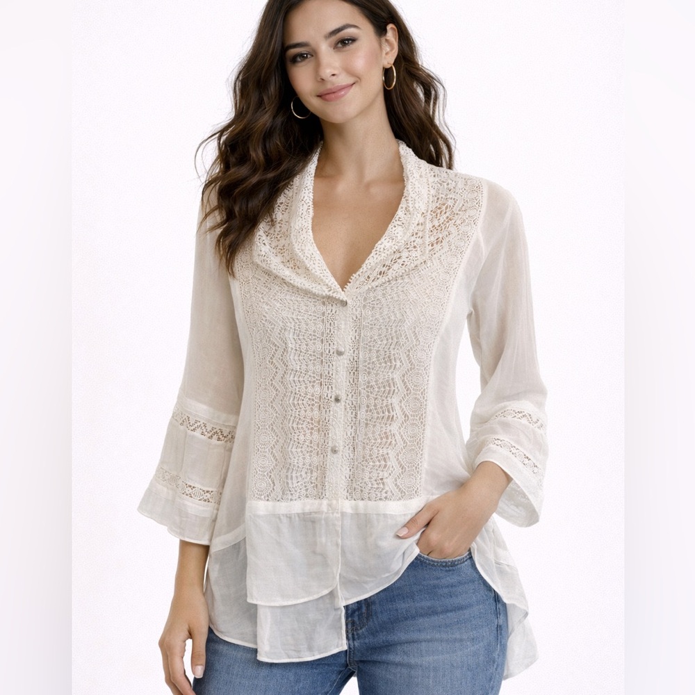 ✨ Burning Torch Ivory Lace Boho Blouse Cotton Silk Anthropologie Style NWOT